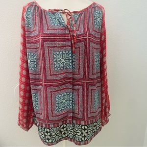 Tolani silk patchwork print long sleeve peasant blouse size Medium